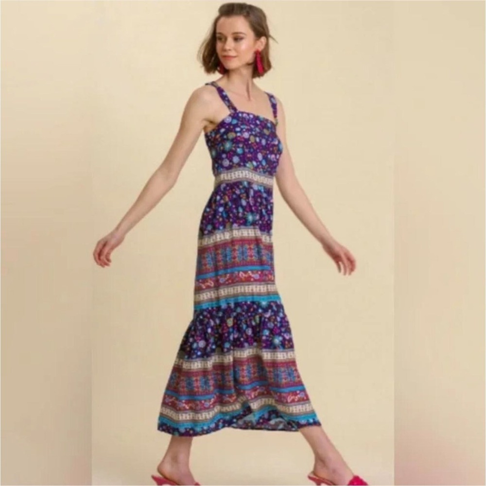 Umgee Size-L Boho Tiered Maxi Dress‎ | Blue Floral Paisley